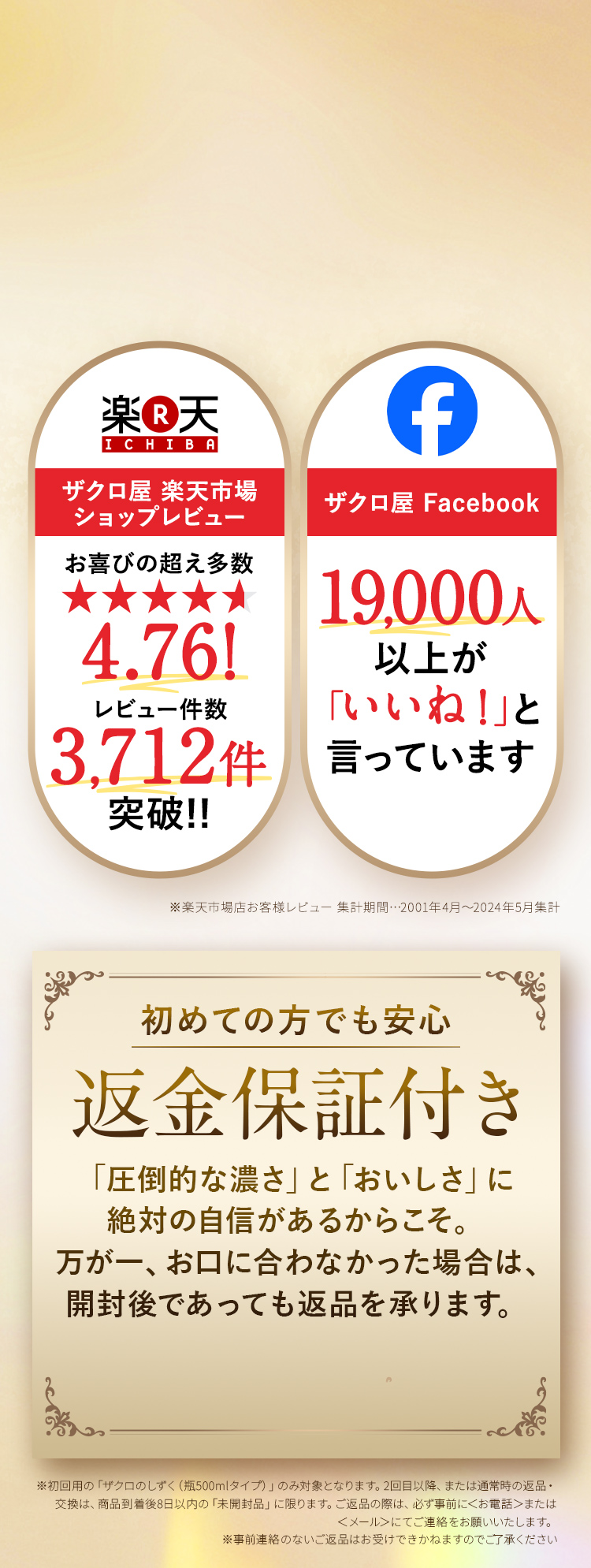 ザクロ屋 楽天市場ショップレビュー お喜びの超え多数 4.76！レビュー件数3,712件突破!! ザクロ屋 Facebook 19,000人以上が「いいね！」と言っています 初めての方でも安心 返金保証付き