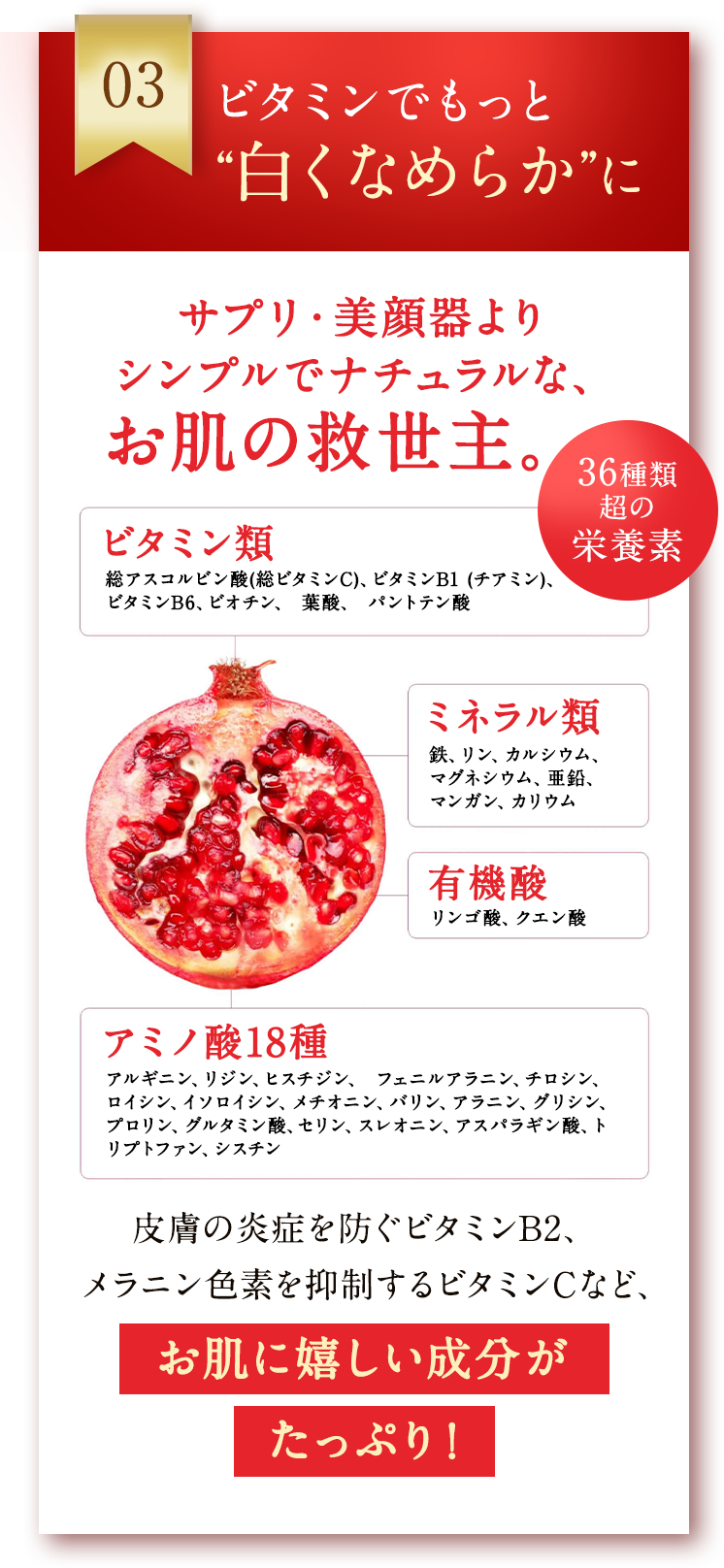03 ビタミンでもっと“白くなめらか”に サプリ・美顔器よりシンプルでナチュラルな、お肌の救世主。36種類超の栄養素 お肌に嬉しい成分がたっぷり！