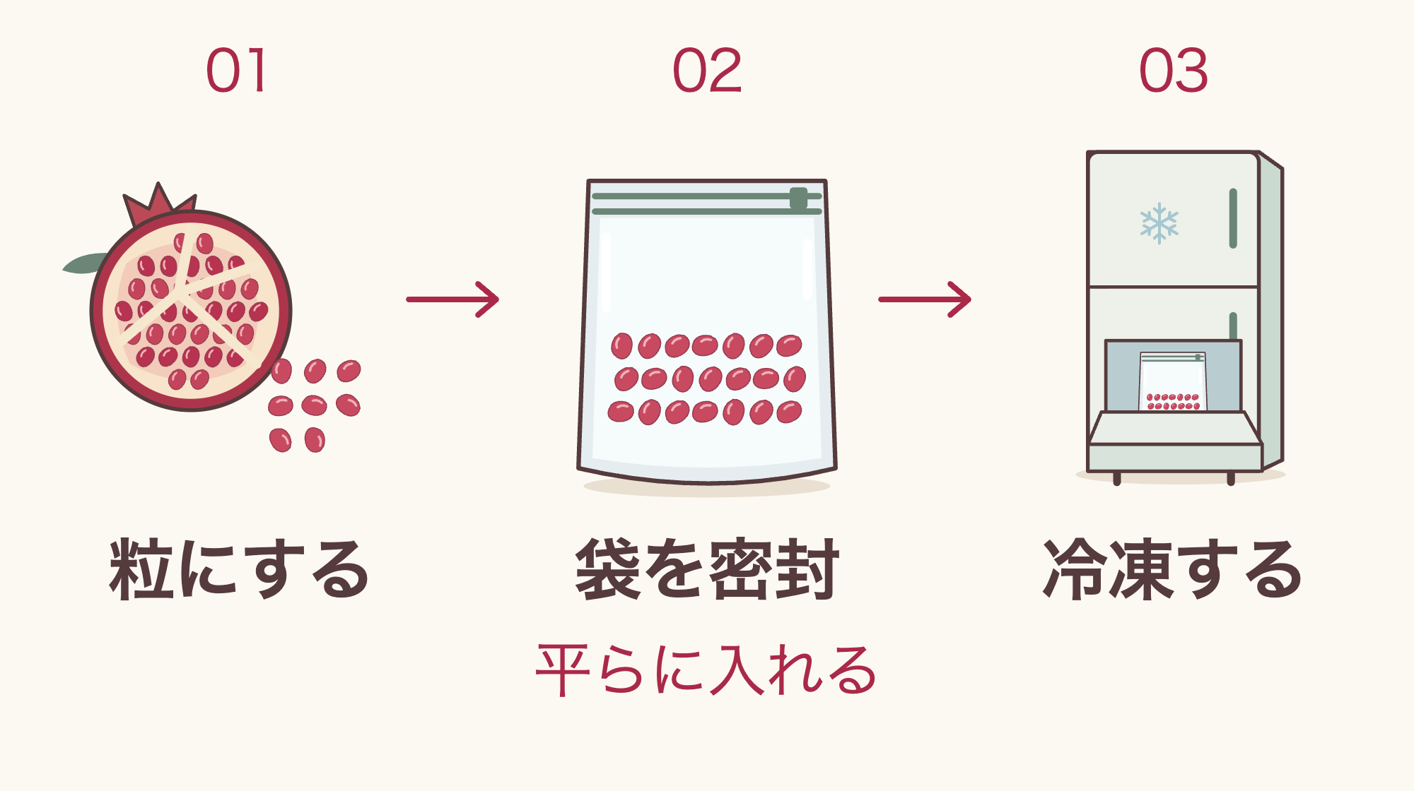 ザクロの粒を取り出し、保存袋に平らに入れて密封してから冷凍する3手順。